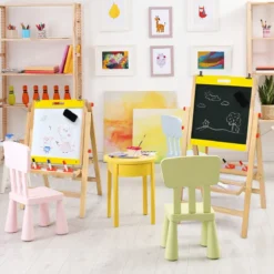 3 in 1 Kindertafel Klappbar Höhenverstellbare Holztafel für Kinder 50,5 x 53,5 x 79-104 cm Natur + Gelb