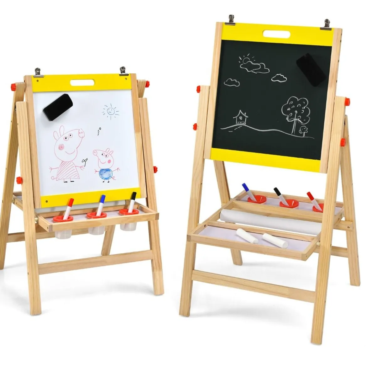 3 in 1 Kindertafel Klappbar Höhenverstellbare Holztafel für Kinder 50,5 x 53,5 x 79-104 cm Natur + Gelb