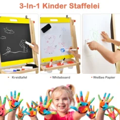 3 in 1 Kindertafel Klappbar Höhenverstellbare Holztafel für Kinder 50,5 x 53,5 x 79-104 cm Natur + Gelb