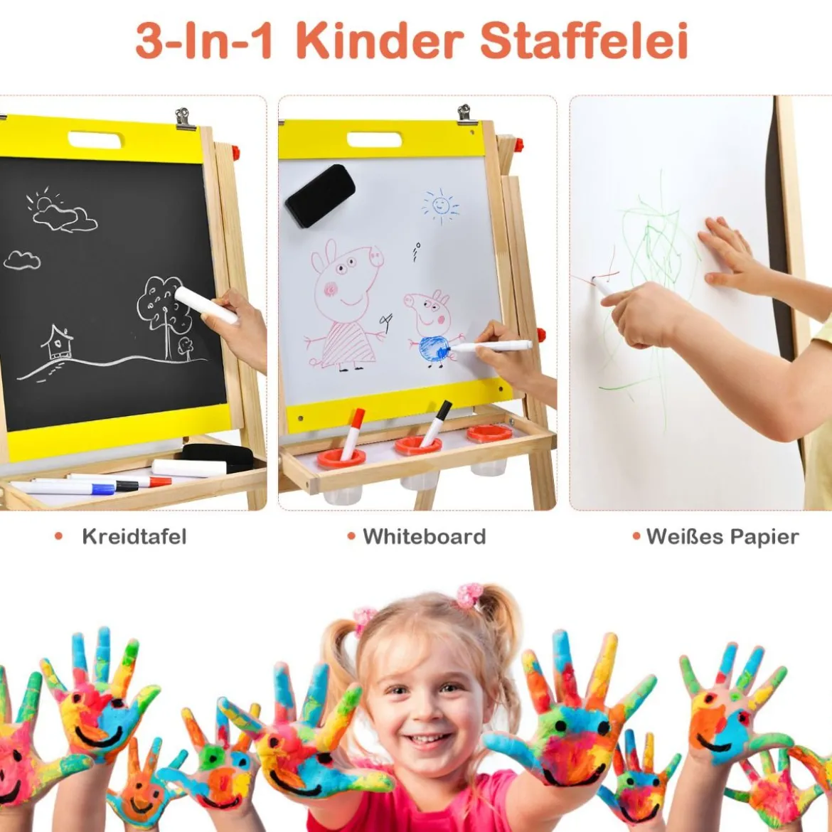 3 in 1 Kindertafel Klappbar Höhenverstellbare Holztafel für Kinder 50,5 x 53,5 x 79-104 cm Natur + Gelb