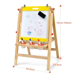 3 in 1 Kindertafel Klappbar Höhenverstellbare Holztafel für Kinder 50,5 x 53,5 x 79-104 cm Natur + Gelb