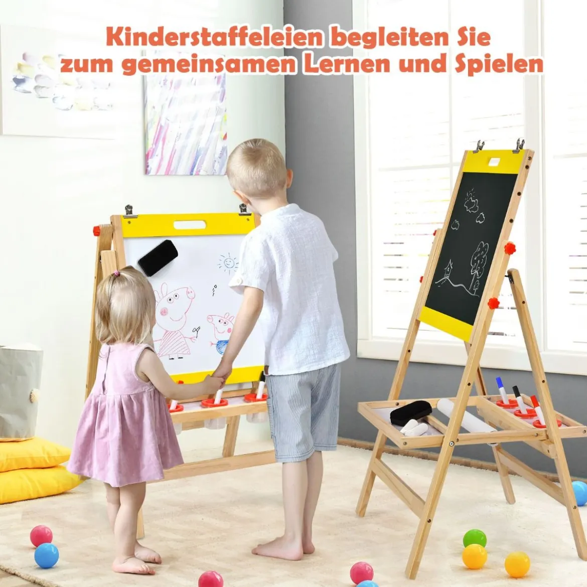 3 in 1 Kindertafel Klappbar Höhenverstellbare Holztafel für Kinder 50,5 x 53,5 x 79-104 cm Natur + Gelb