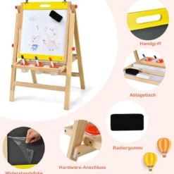3 in 1 Kindertafel Klappbar Höhenverstellbare Holztafel für Kinder 50,5 x 53,5 x 79-104 cm Natur + Gelb