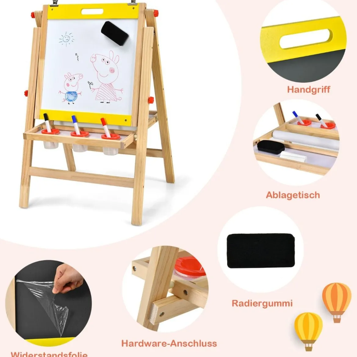 3 in 1 Kindertafel Klappbar Höhenverstellbare Holztafel für Kinder 50,5 x 53,5 x 79-104 cm Natur + Gelb