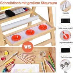3 in 1 Kindertafel Klappbar Höhenverstellbare Holztafel für Kinder 50,5 x 53,5 x 79-104 cm Natur + Gelb