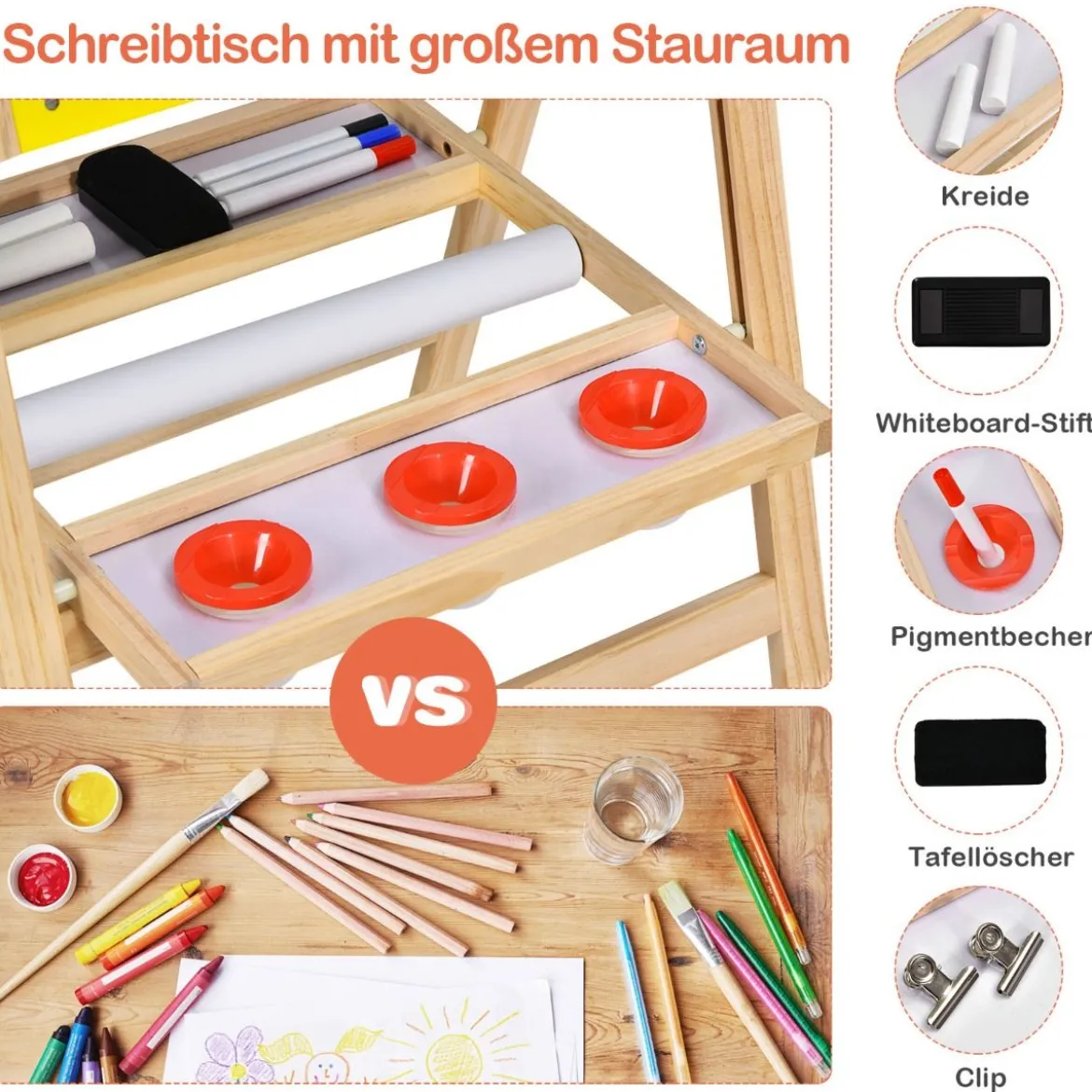 3 in 1 Kindertafel Klappbar Höhenverstellbare Holztafel für Kinder 50,5 x 53,5 x 79-104 cm Natur + Gelb