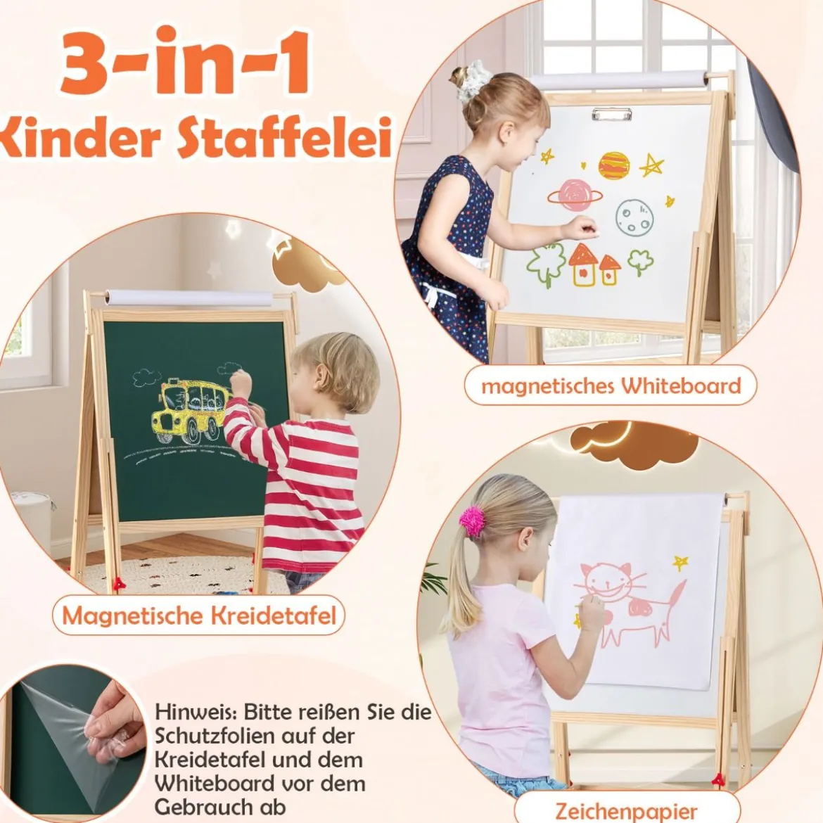 3 in 1 Kinder Tafel mit Magnetischer Kreidetafel & Whiteboard & Papierrolle Höhenverstellbar