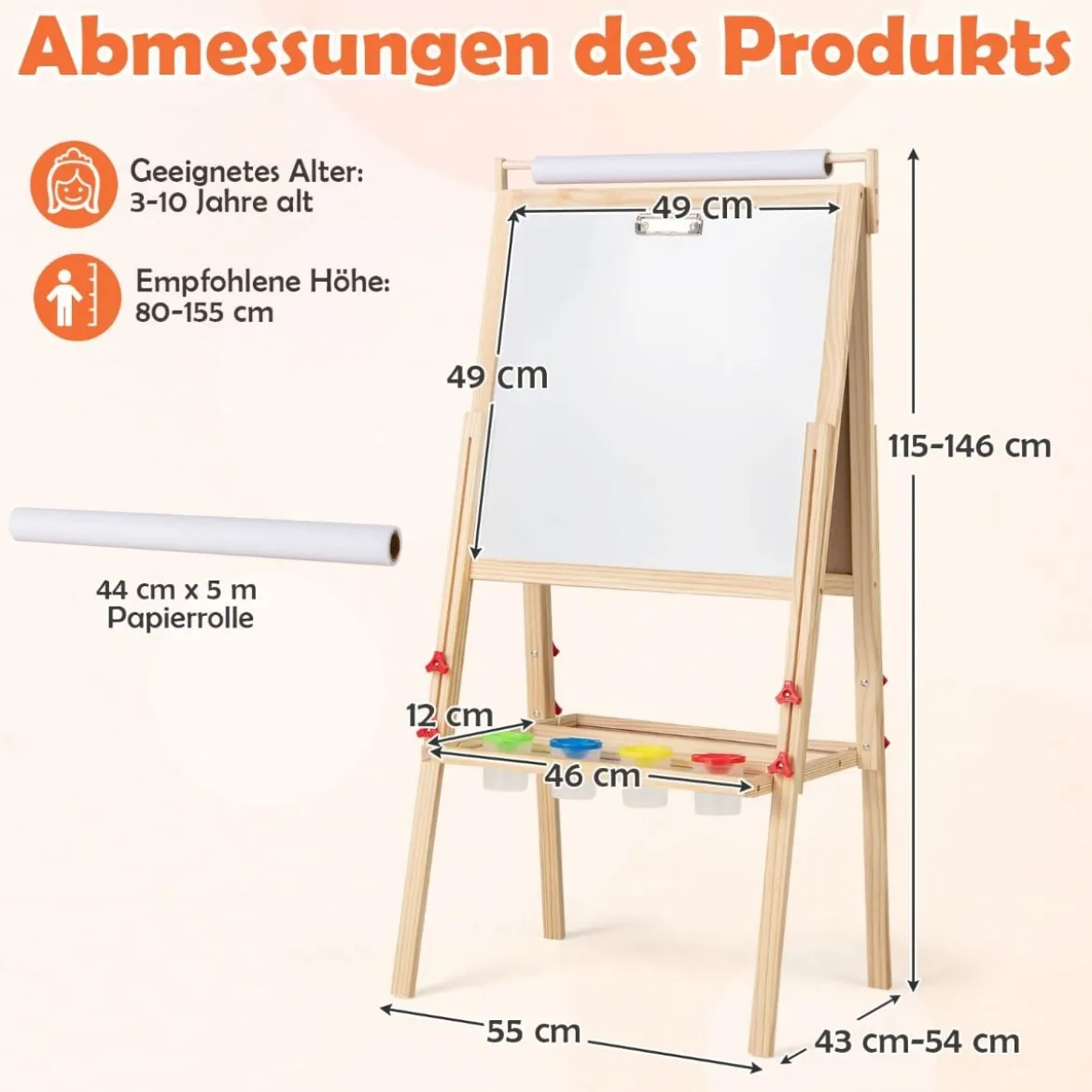 3 in 1 Kinder Tafel mit Magnetischer Kreidetafel & Whiteboard & Papierrolle Höhenverstellbar