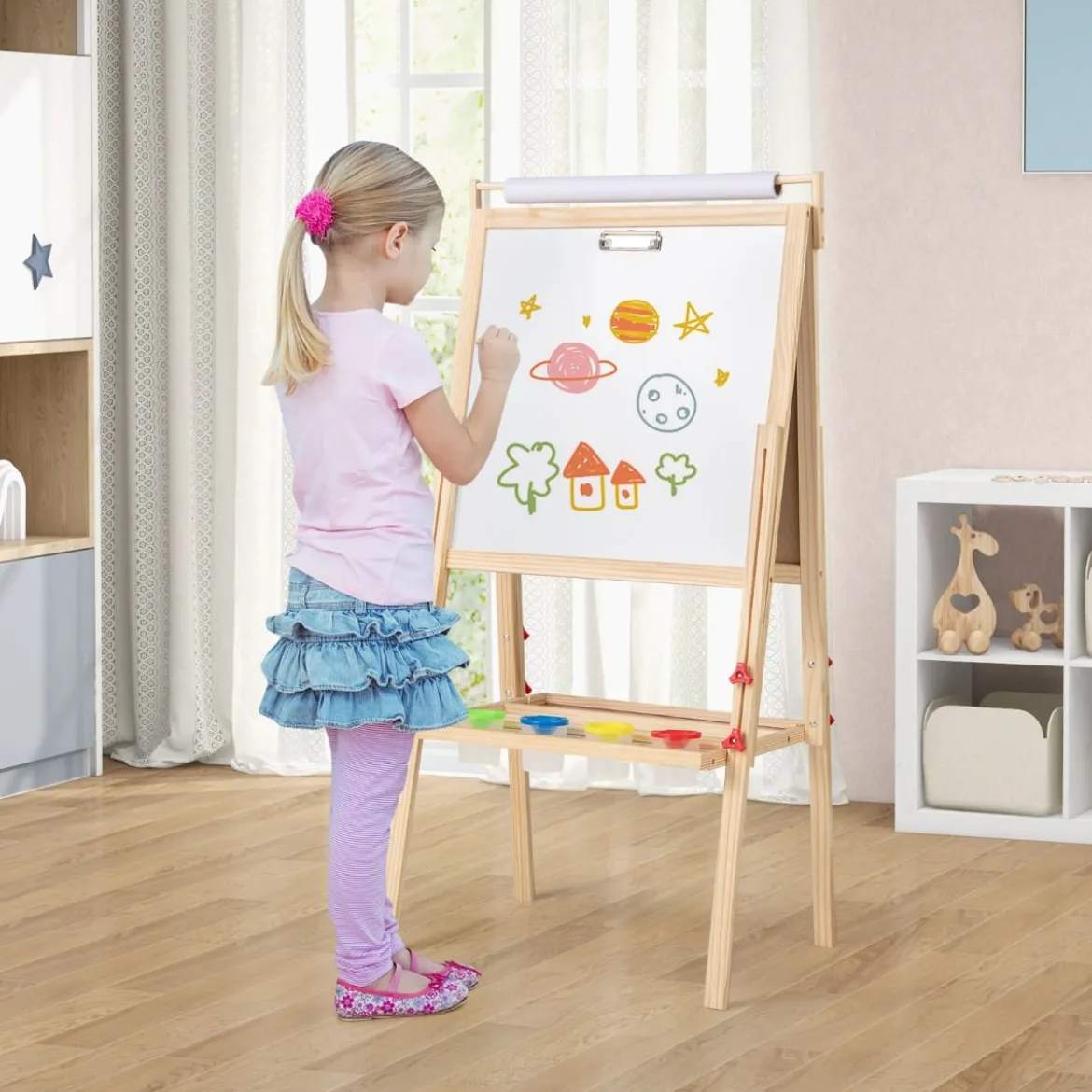 3 in 1 Kinder Tafel mit Magnetischer Kreidetafel & Whiteboard & Papierrolle Höhenverstellbar
