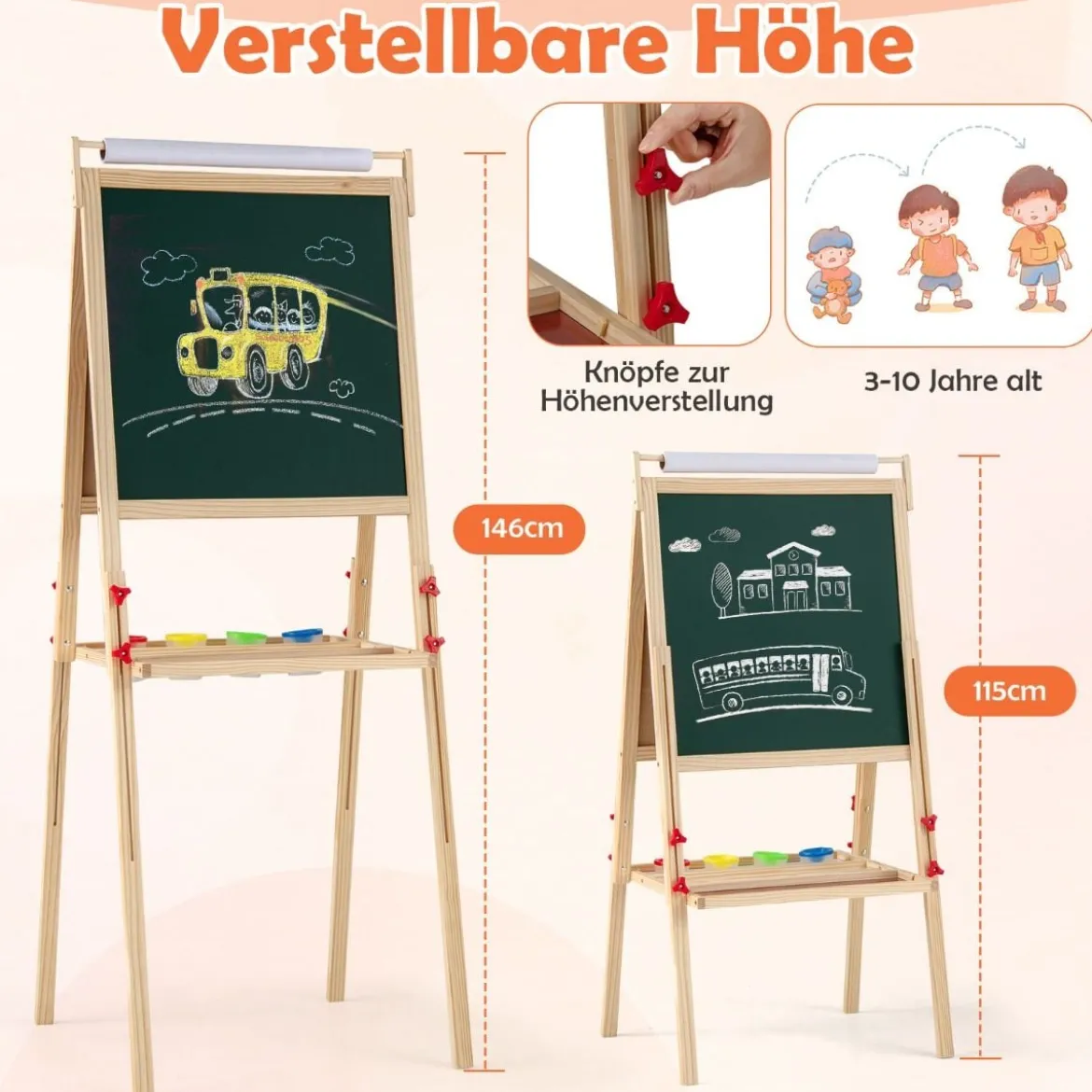3 in 1 Kinder Tafel mit Magnetischer Kreidetafel & Whiteboard & Papierrolle Höhenverstellbar