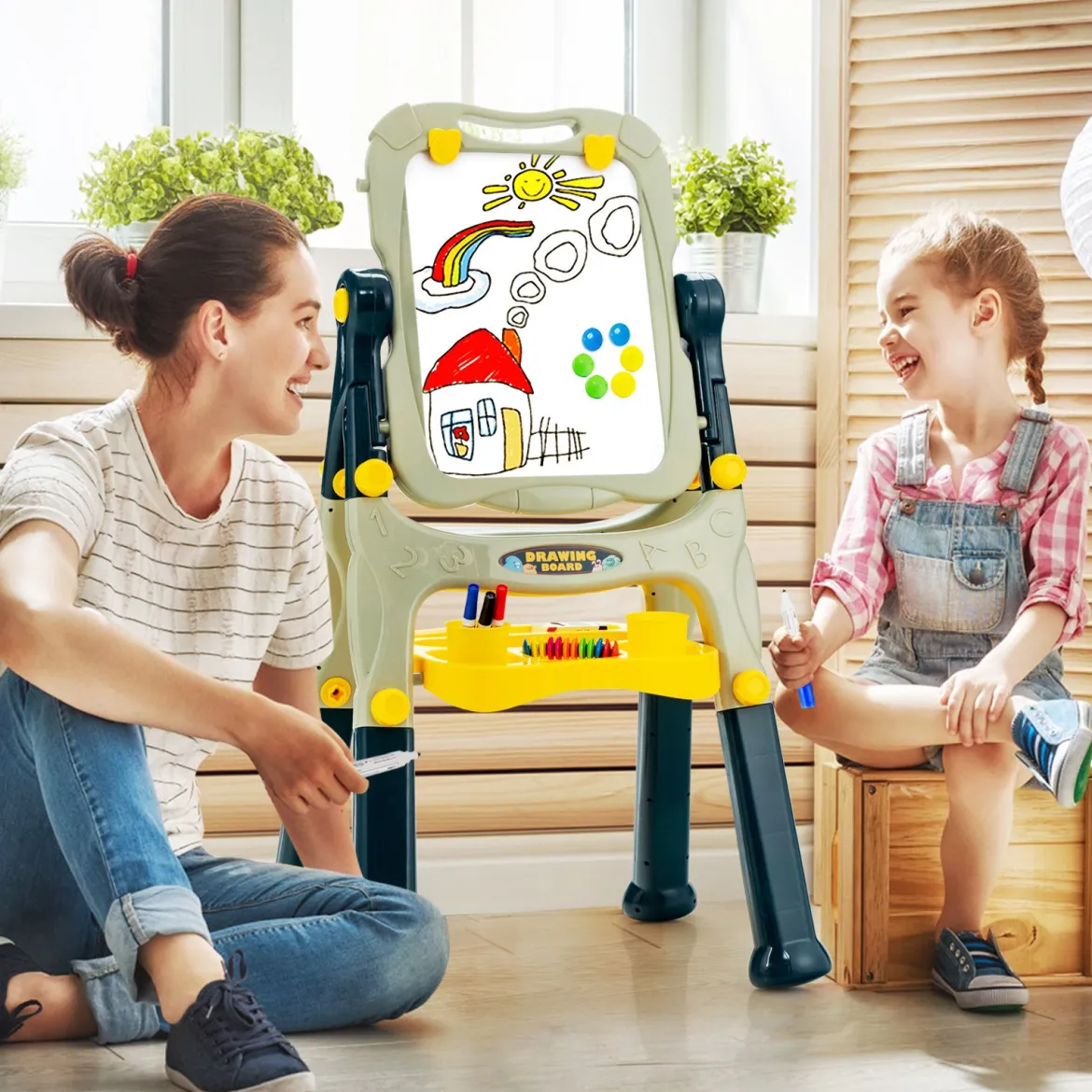 2 in 1 Kindertafel Staffelei doppelseitig Whiteboard & Kreidetafel höhenverstellbar Schreibtafel Grün