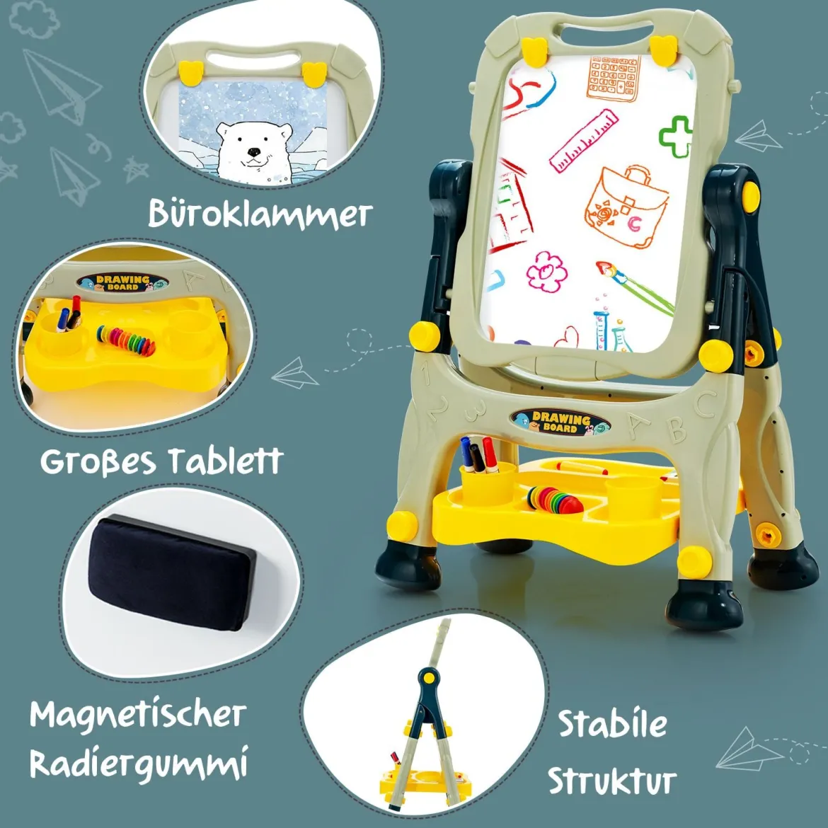 2 in 1 Kindertafel Staffelei doppelseitig Whiteboard & Kreidetafel höhenverstellbar Schreibtafel Grün