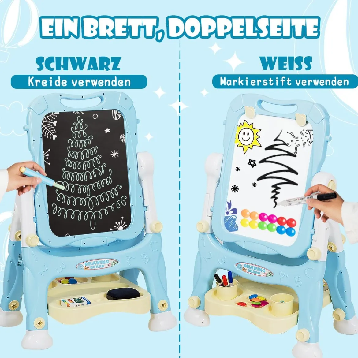 2 in 1 Kindertafel Staffelei doppelseitig Whiteboard & Kreidetafel Schreibtafel Blau