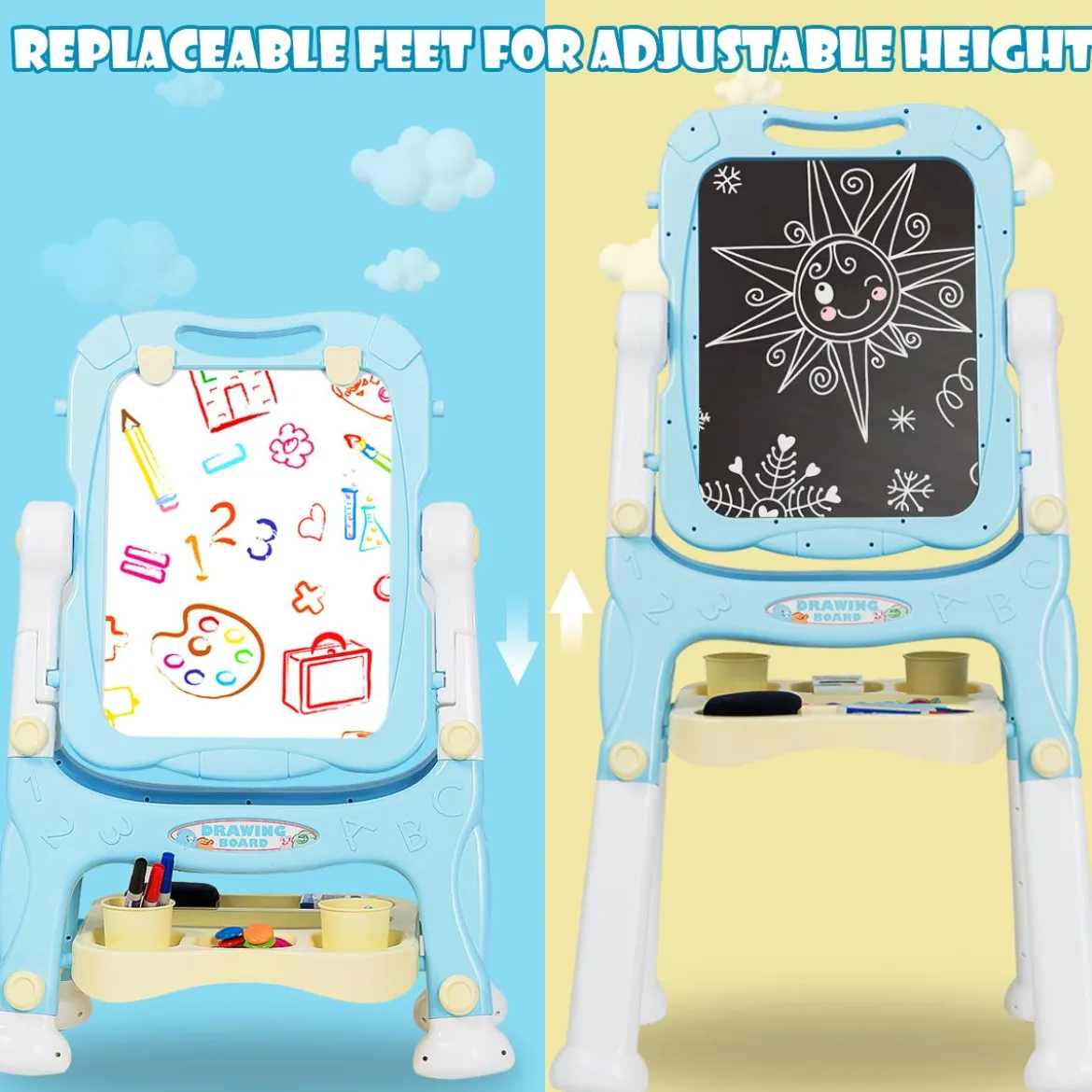 2 in 1 Kindertafel Staffelei doppelseitig Whiteboard & Kreidetafel Schreibtafel Blau