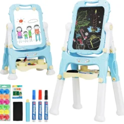 2 in 1 Kindertafel Staffelei doppelseitig Whiteboard & Kreidetafel Schreibtafel Blau