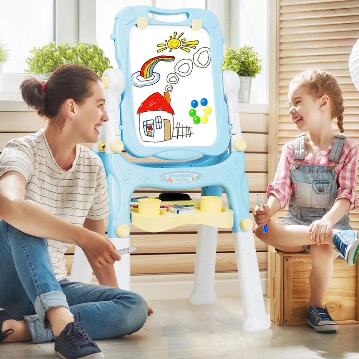 2 in 1 Kindertafel Staffelei doppelseitig Whiteboard & Kreidetafel Schreibtafel Blau