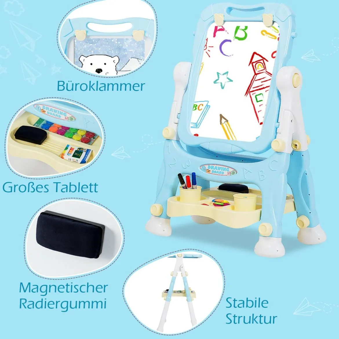 2 in 1 Kindertafel Staffelei doppelseitig Whiteboard & Kreidetafel Schreibtafel Blau