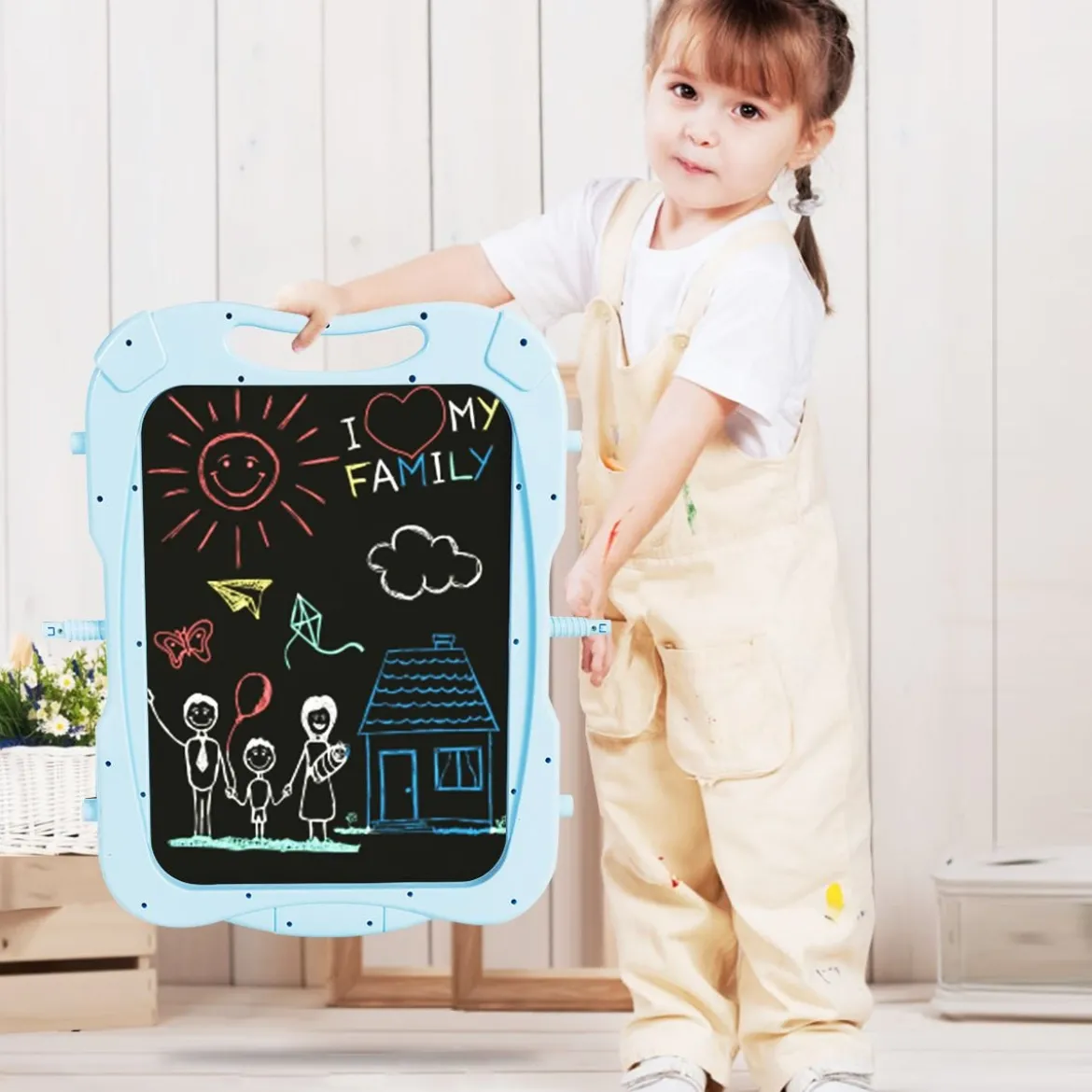 2 in 1 Kindertafel Staffelei doppelseitig Whiteboard & Kreidetafel Schreibtafel Blau