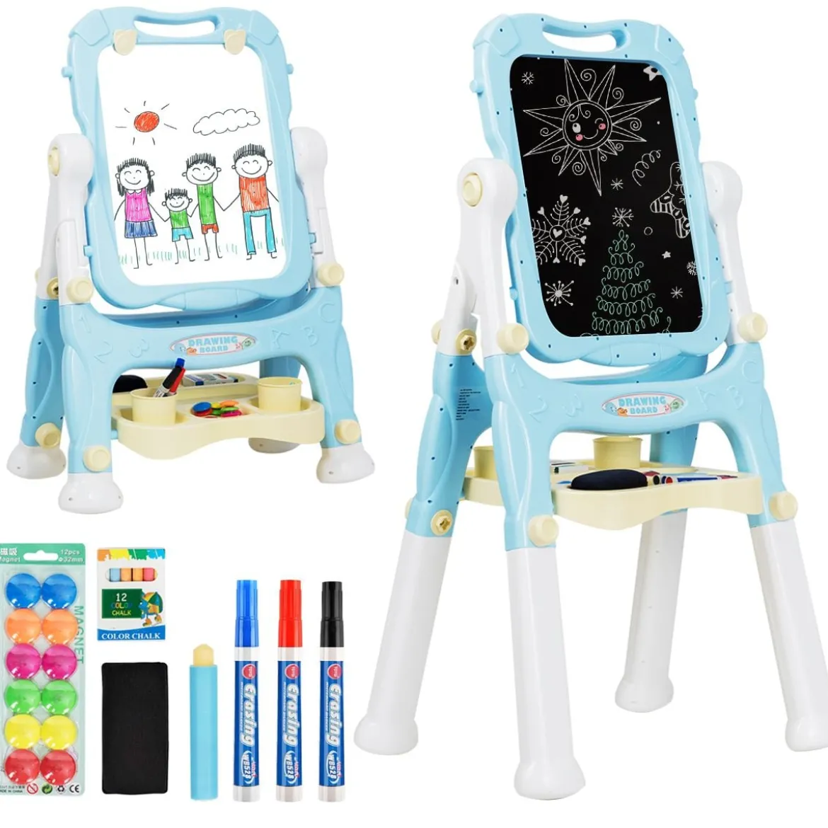2 in 1 Kindertafel Staffelei doppelseitig Whiteboard & Kreidetafel Schreibtafel Blau