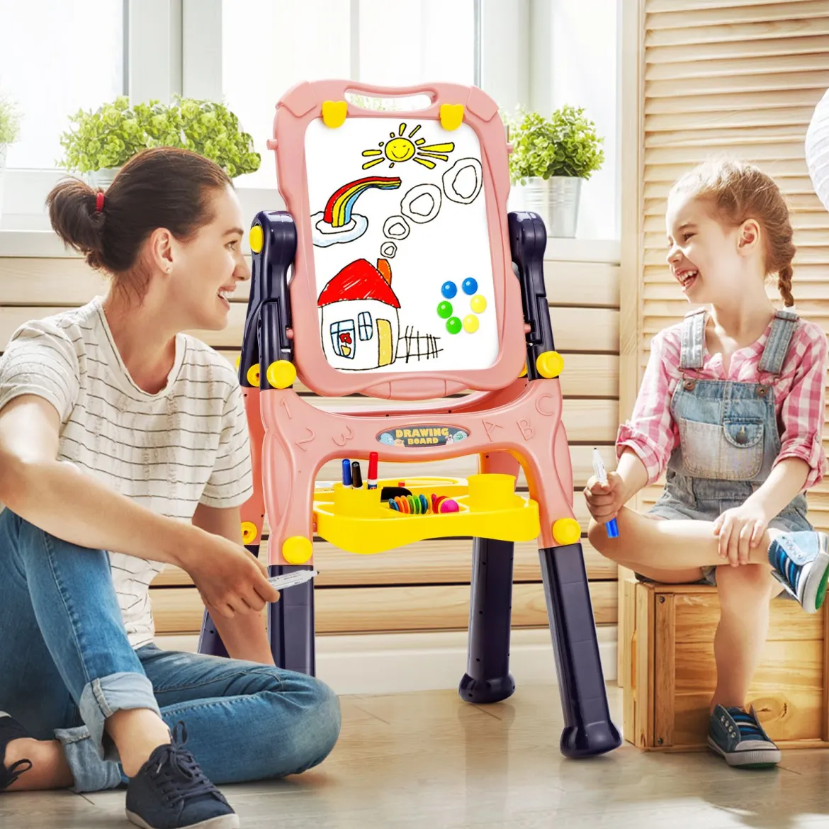 2 in 1 Kindertafel Staffelei doppelseitig Whiteboard & Kreidetafel höhenverstellbar Schreibtafel Rosa
