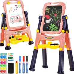 2 in 1 Kindertafel Staffelei doppelseitig Whiteboard & Kreidetafel höhenverstellbar Schreibtafel Rosa