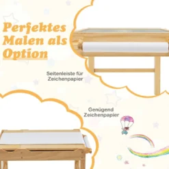 2 in 1 Kindertisch aus Kiefernholz mit Umkehrbarer Tischplatte & Stauraum & Papierrolle Natur