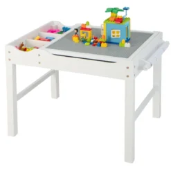2 in 1 Kindertisch aus Kiefernholz mit Umkehrbarer Tischplatte & Stauraum & Papierrolle Weiß