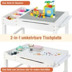 2 in 1 Kindertisch aus Kiefernholz mit Umkehrbarer Tischplatte & Stauraum & Papierrolle Weiß