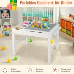 2 in 1 Kindertisch aus Kiefernholz mit Umkehrbarer Tischplatte & Stauraum & Papierrolle Weiß