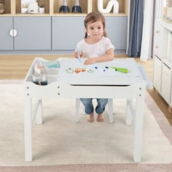 2 in 1 Kindertisch aus Kiefernholz mit Umkehrbarer Tischplatte & Stauraum & Papierrolle Weiß