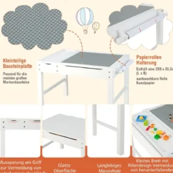 2 in 1 Kindertisch aus Kiefernholz mit Umkehrbarer Tischplatte & Stauraum & Papierrolle Weiß