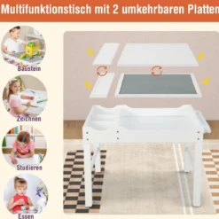 2 in 1 Kindertisch aus Kiefernholz mit Umkehrbarer Tischplatte & Stauraum & Papierrolle Weiß