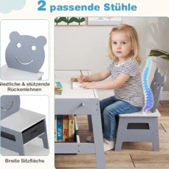 5 in 1 Kindertisch mit 2 Stühlen in Bärenform Maltisch mit Wendbarer Tafel & Whiteboard Grau