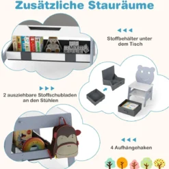 5 in 1 Kindertisch mit 2 Stühlen in Bärenform Maltisch mit Wendbarer Tafel & Whiteboard Grau
