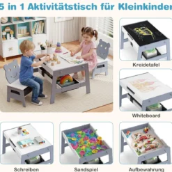 5 in 1 Kindertisch mit 2 Stühlen in Bärenform Maltisch mit Wendbarer Tafel & Whiteboard Grau