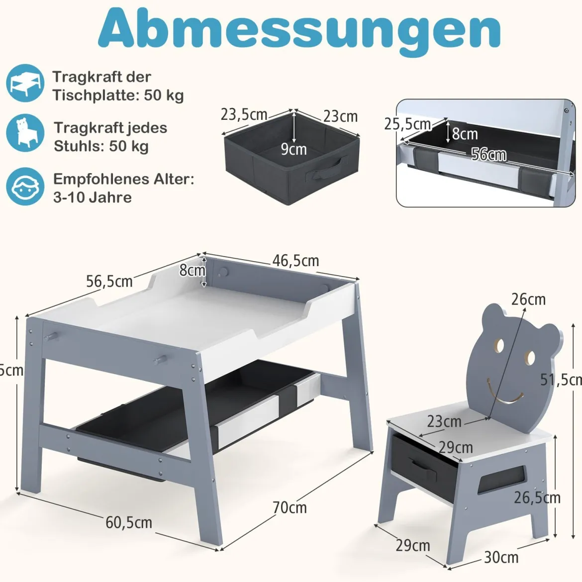 5 in 1 Kindertisch mit 2 Stühlen in Bärenform Maltisch mit Wendbarer Tafel & Whiteboard Grau