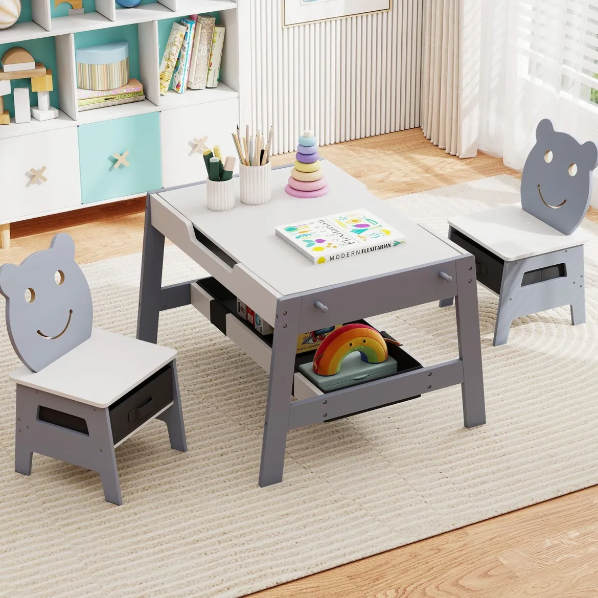 5 in 1 Kindertisch mit 2 Stühlen in Bärenform Maltisch mit Wendbarer Tafel & Whiteboard Grau
