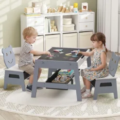 5 in 1 Kindertisch mit 2 Stühlen in Bärenform Maltisch mit Wendbarer Tafel & Whiteboard Grau