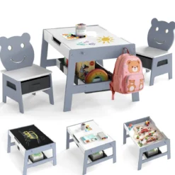 5 in 1 Kindertisch mit 2 Stühlen in Bärenform Maltisch mit Wendbarer Tafel & Whiteboard Grau
