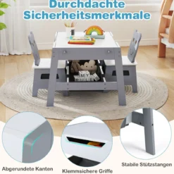 5 in 1 Kindertisch mit 2 Stühlen in Bärenform Maltisch mit Wendbarer Tafel & Whiteboard Grau