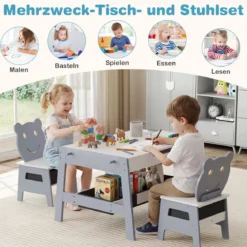 5 in 1 Kindertisch mit 2 Stühlen in Bärenform Maltisch mit Wendbarer Tafel & Whiteboard Grau