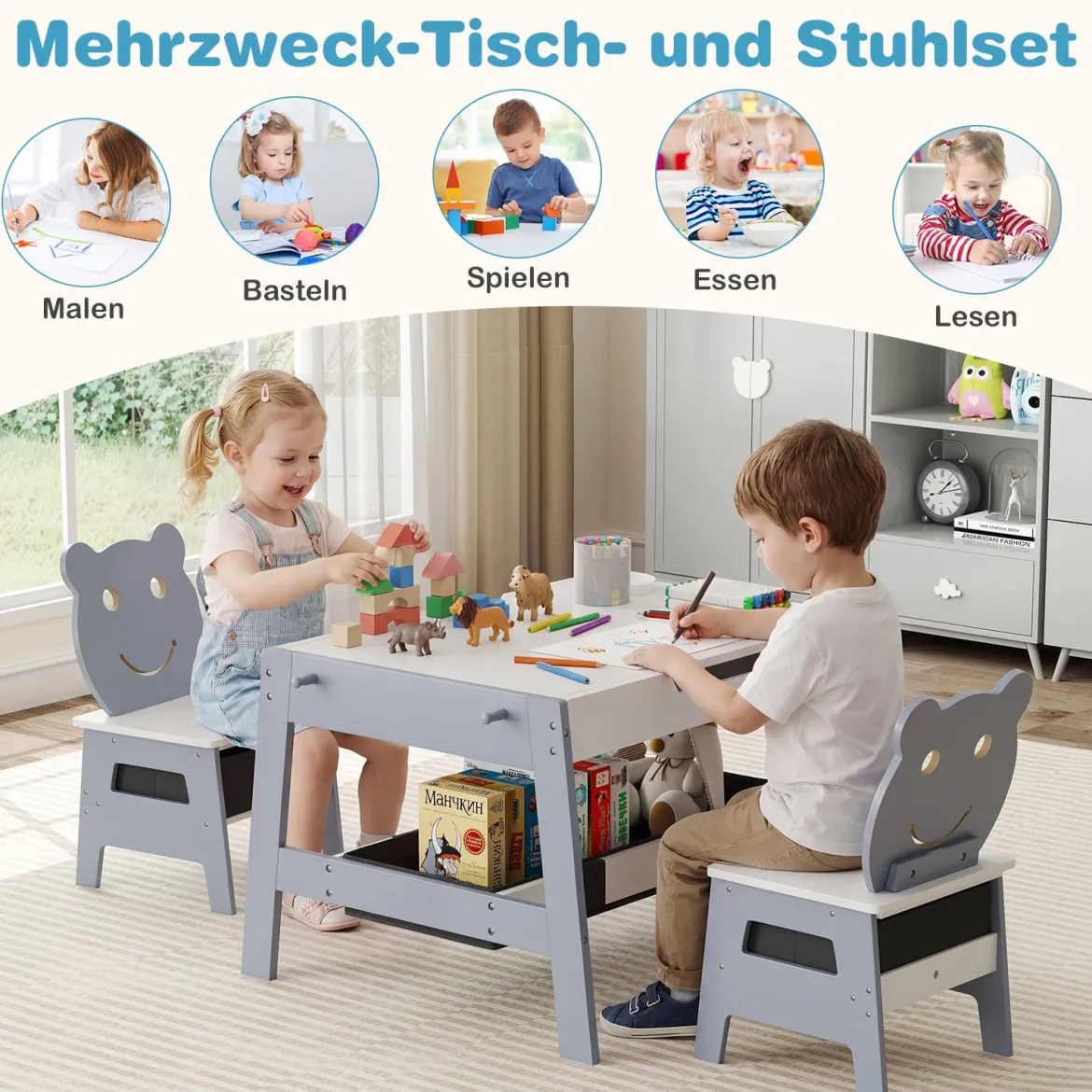 5 in 1 Kindertisch mit 2 Stühlen in Bärenform Maltisch mit Wendbarer Tafel & Whiteboard Grau