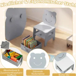 3 in 1 Kindertisch mit Stuhl Aktivitätsset mit Wendbarer Kreidetafel und Whiteboard Grau + Weiß