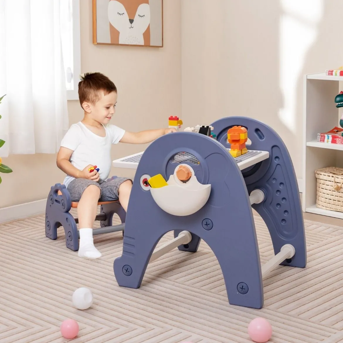6 in 1 Kindertisch mit Stuhl & Doppelseitiger Abnehmbarer Tischplatte & 66 Bausteine Spieltisch