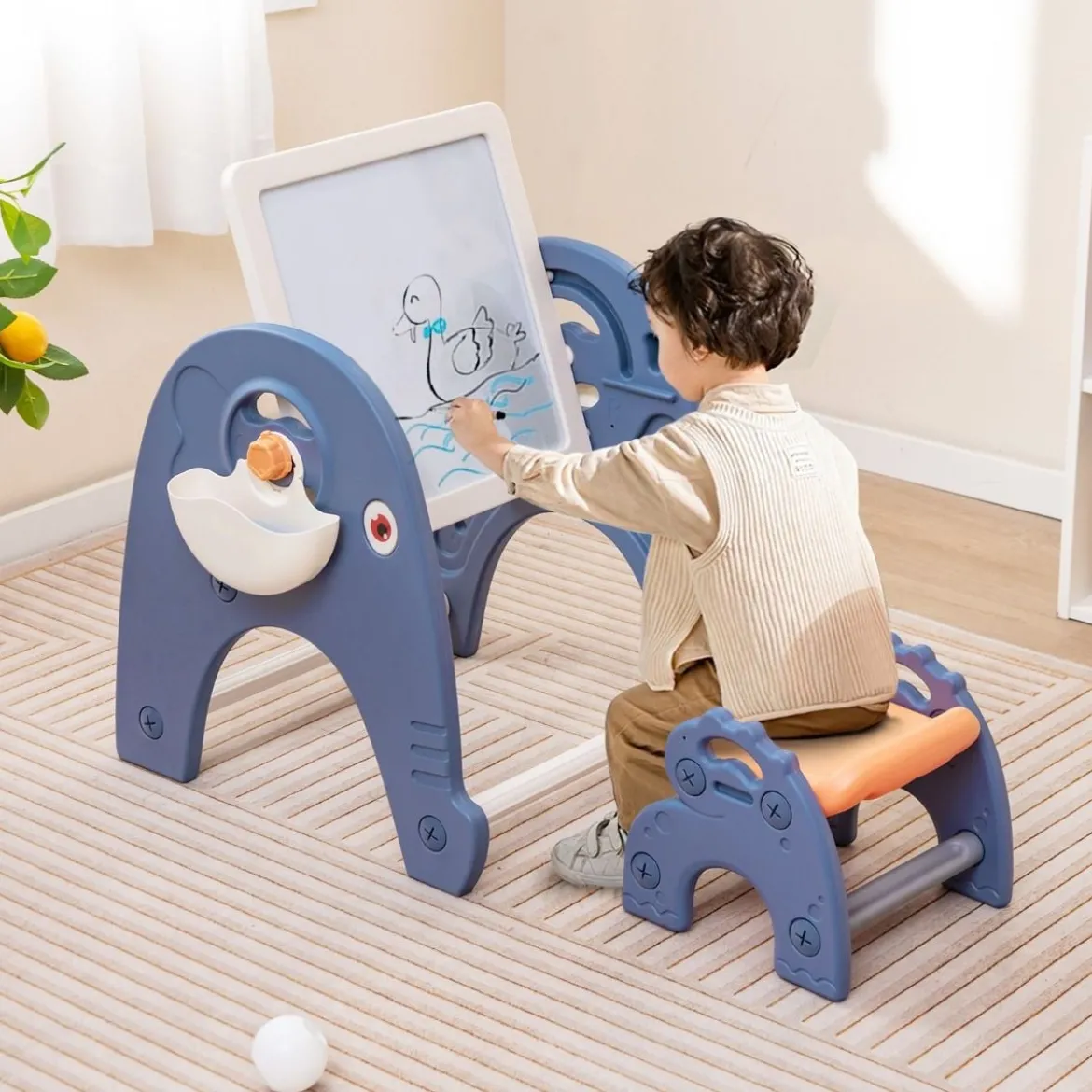6 in 1 Kindertisch mit Stuhl & Doppelseitiger Abnehmbarer Tischplatte & 66 Bausteine Spieltisch