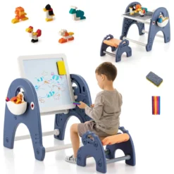 6 in 1 Kindertisch mit Stuhl & Doppelseitiger Abnehmbarer Tischplatte & 66 Bausteine Spieltisch