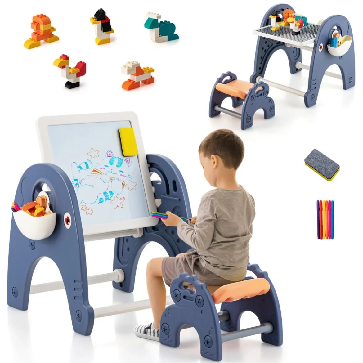 6 in 1 Kindertisch mit Stuhl & Doppelseitiger Abnehmbarer Tischplatte & 66 Bausteine Spieltisch