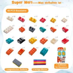 6 in 1 Kindertisch mit Stuhl & Doppelseitiger Abnehmbarer Tischplatte & 66 Bausteine Spieltisch