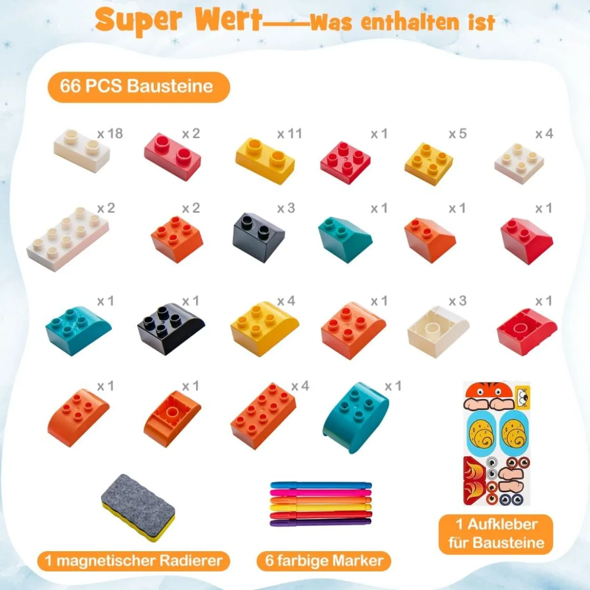 6 in 1 Kindertisch mit Stuhl & Doppelseitiger Abnehmbarer Tischplatte & 66 Bausteine Spieltisch