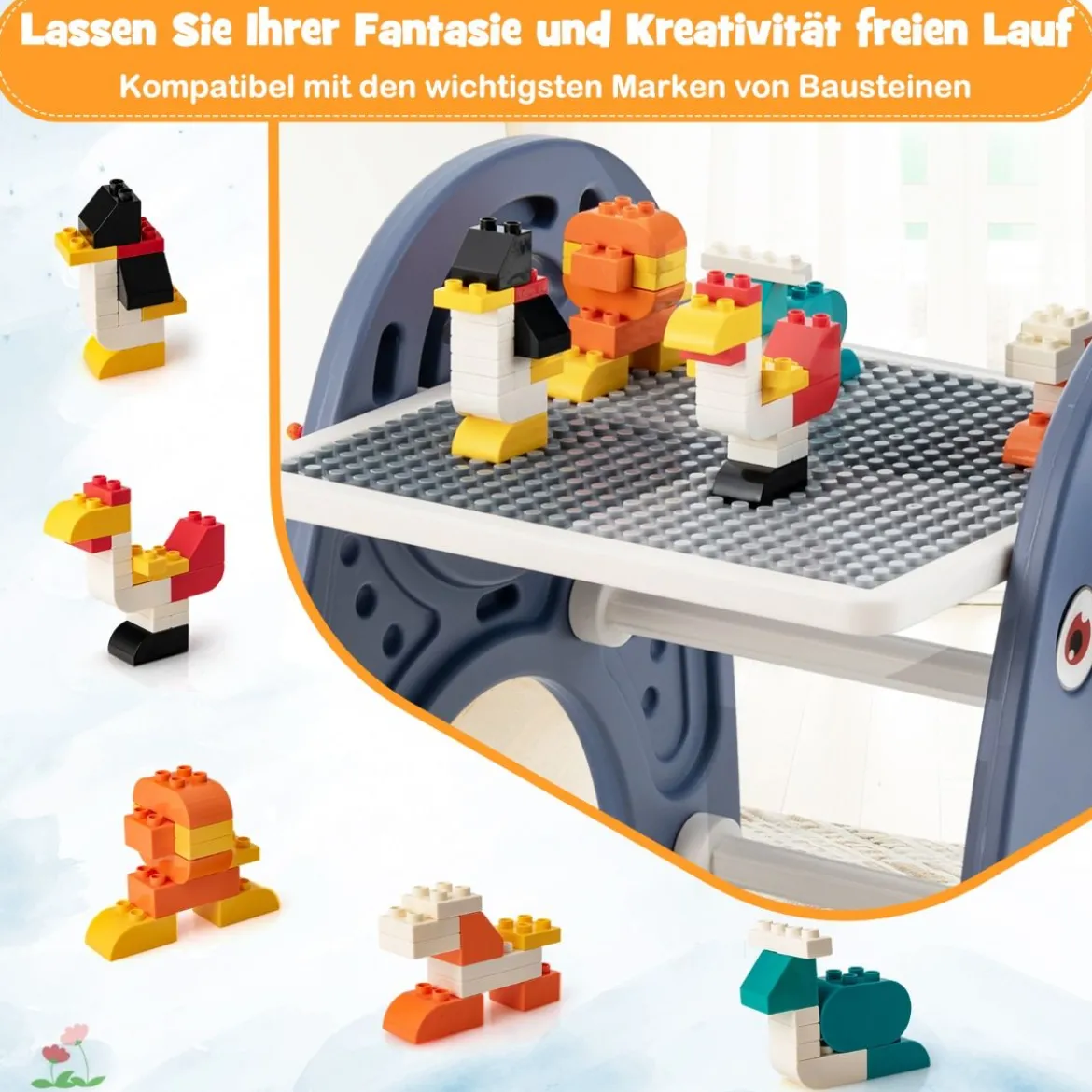 6 in 1 Kindertisch mit Stuhl & Doppelseitiger Abnehmbarer Tischplatte & 66 Bausteine Spieltisch